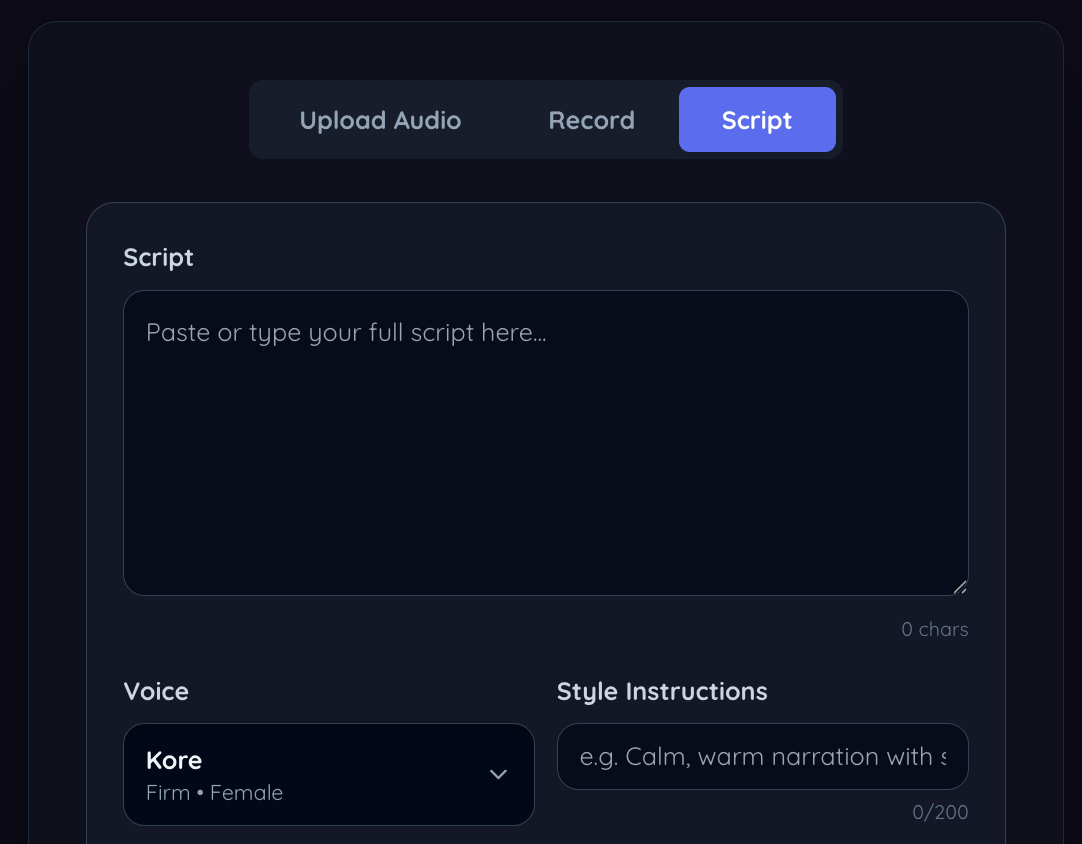 Sonicdue script editor with voice and style controls